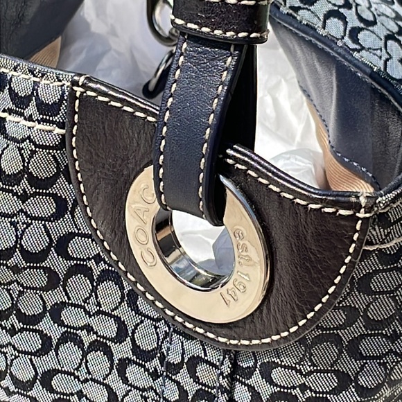 Coach Navy Blue LeatherWare Sig Canvas Tote w/Leather Trim & Silver-Toned HW - Picture 7 of 16
